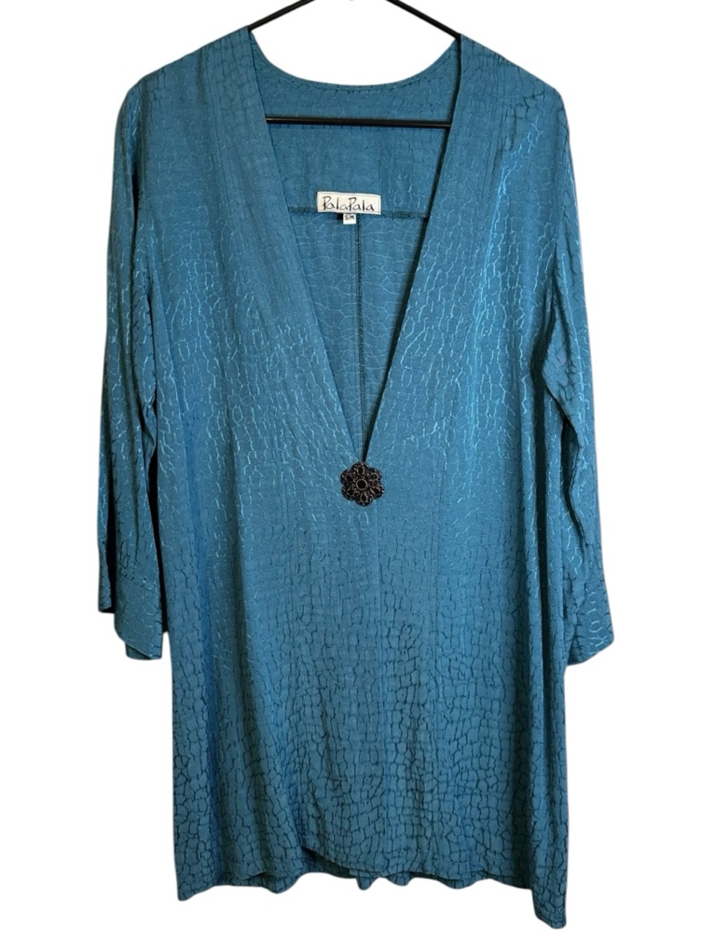 Palo Palo Teal V-Neck Cardigan Tunic Floral Pendant Button S/M Artsy Chic Snake